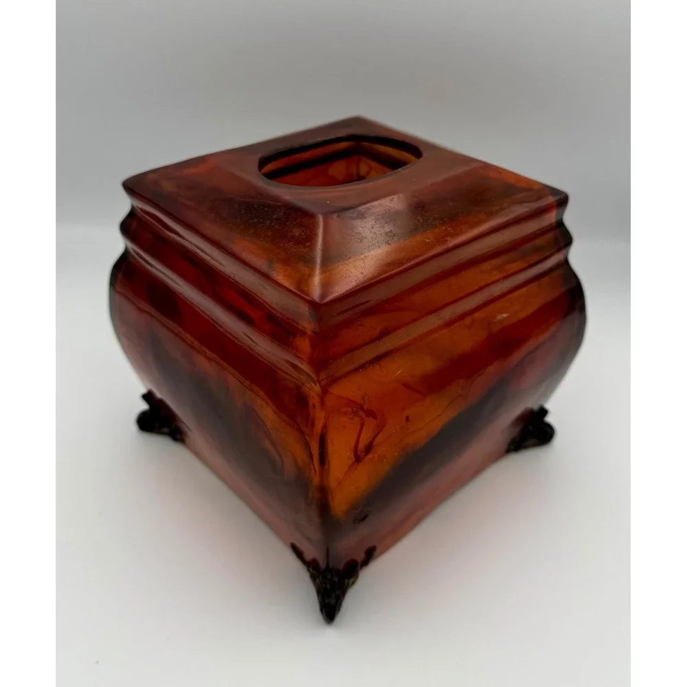 Vintage Faux Tortoiseshell Lucite Acrylic Tissue Box Cover Ornate Resin Feet